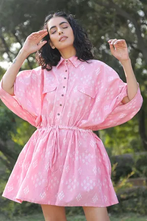 Okhai 'Pink Flare' Handloom Cotton Ikkat Dress