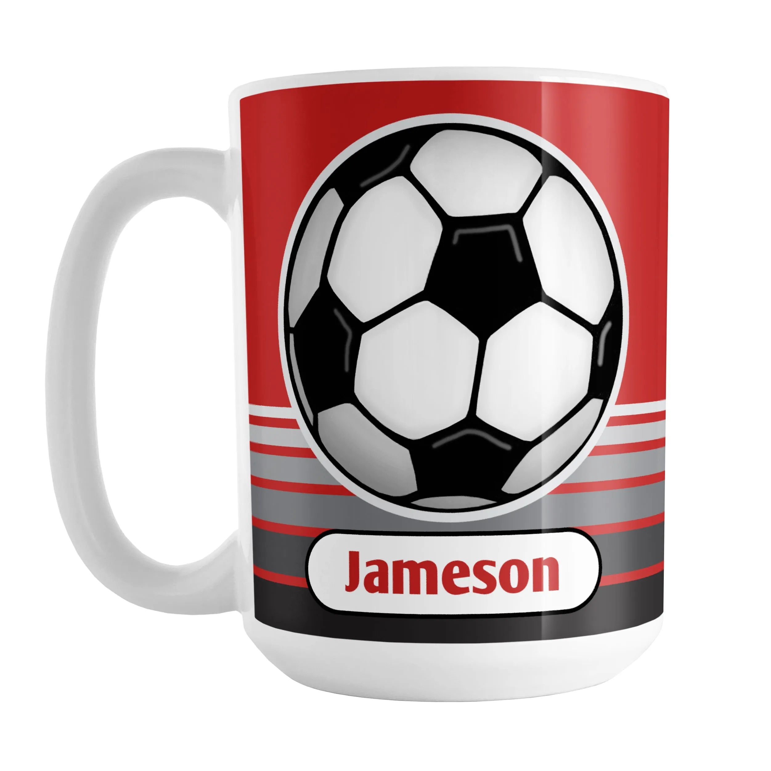 Personalized Gray Gradient Lined Red Soccer Ball Mug