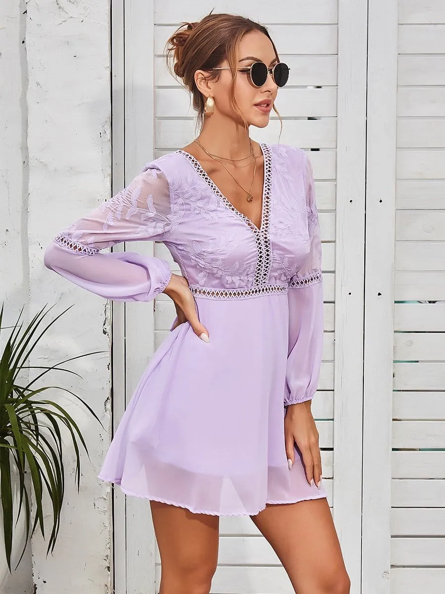 Plunge Neck Sheer Sleeve Dress