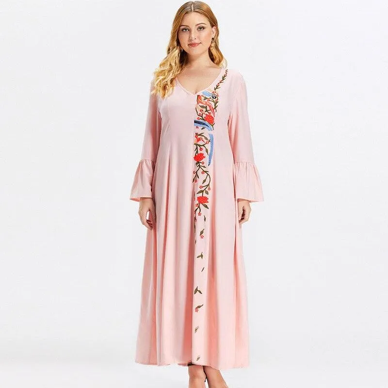 Plus Size V-Neck Long Sleeve Embroidery Floral Tunic Maxi Dress