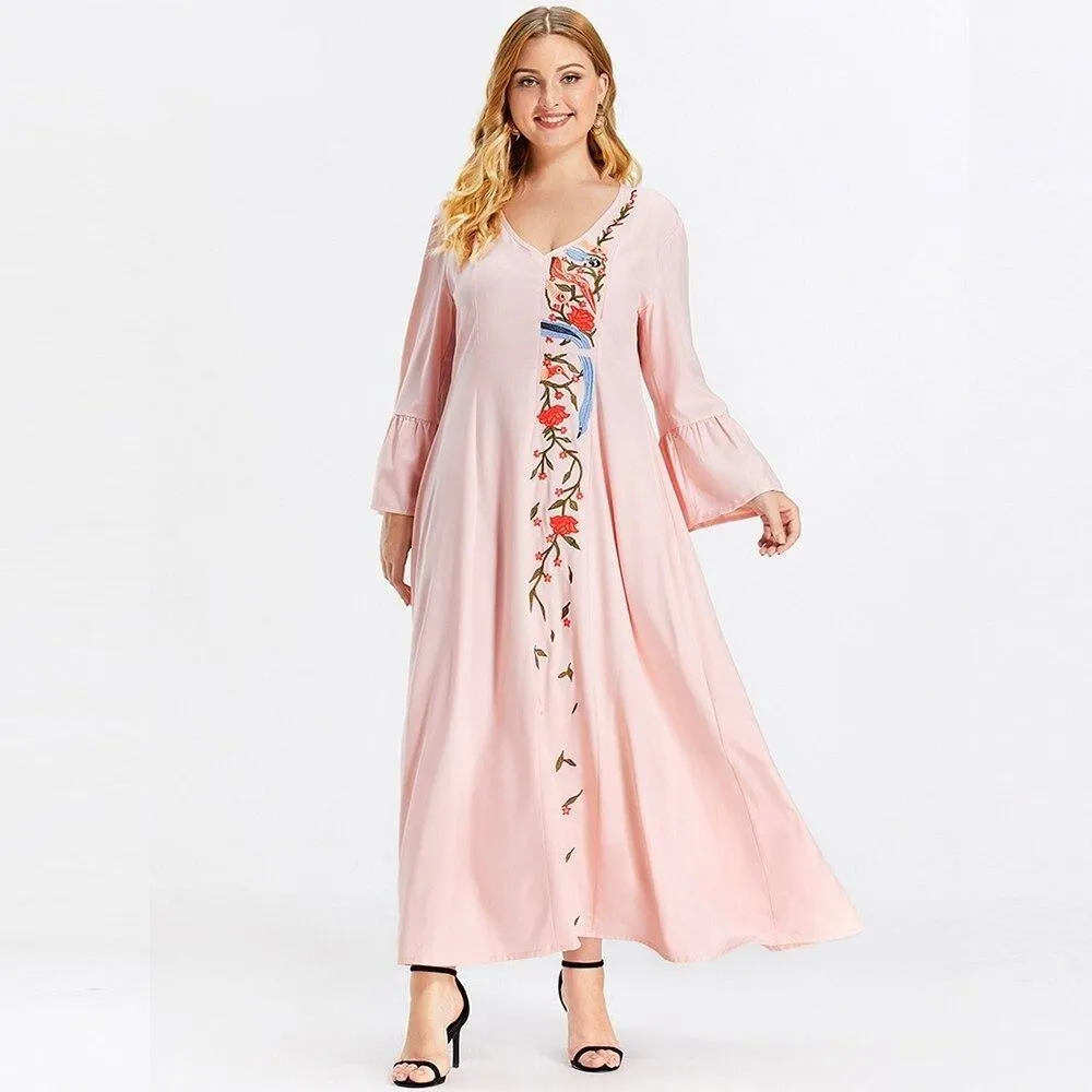 Plus Size V-Neck Long Sleeve Embroidery Floral Tunic Maxi Dress