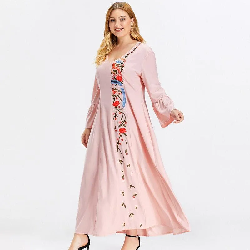 Plus Size V-Neck Long Sleeve Embroidery Floral Tunic Maxi Dress