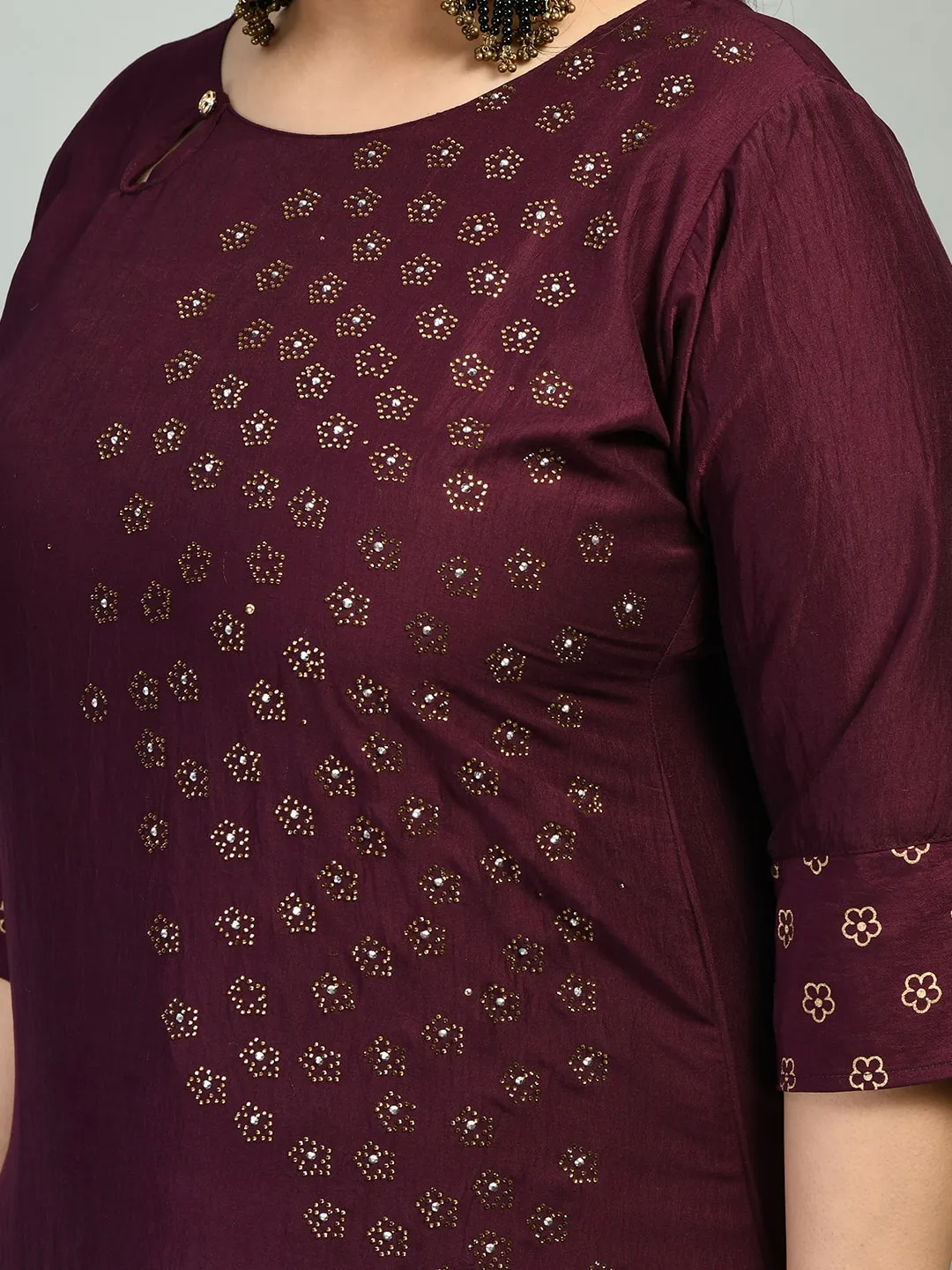 Plus Size Wine Beads & Stones Embellished Kurta Set