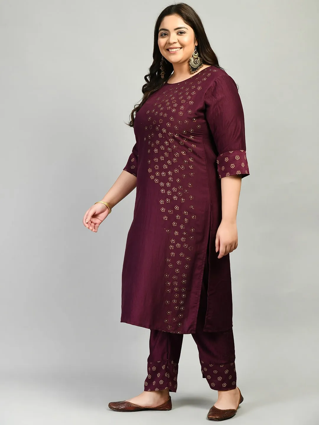 Plus Size Wine Beads & Stones Embellished Kurta Set