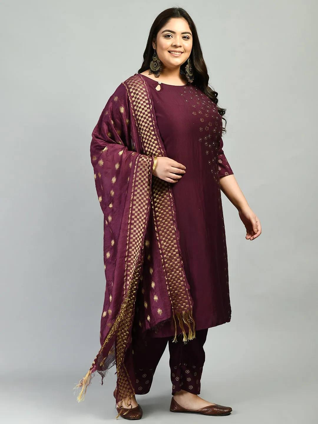 Plus Size Wine Beads & Stones Embellished Kurta Set