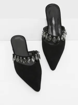 Pointed Toe Suede Flats With Rhinestone