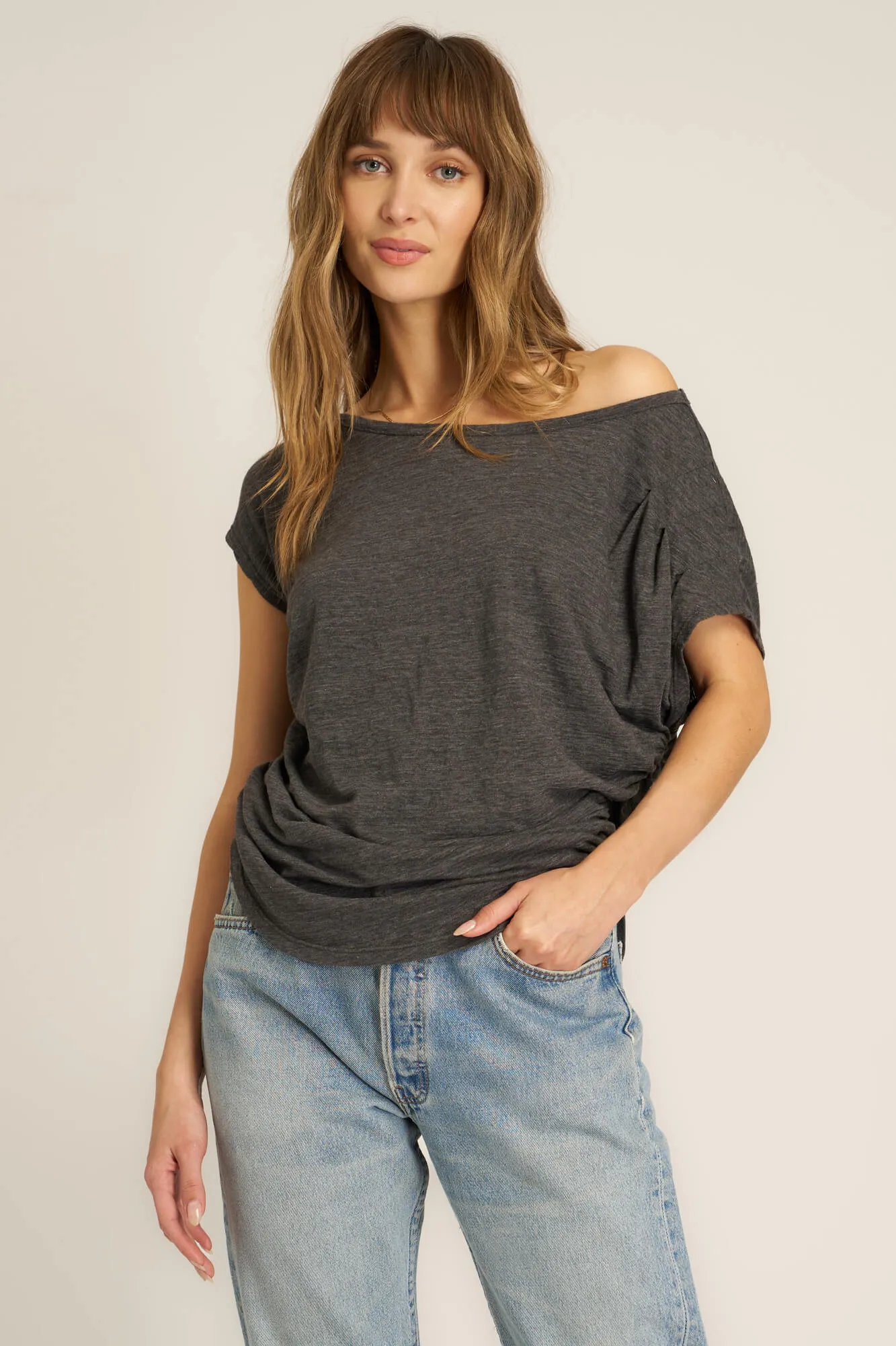 Portia Off Shoulder Pleated Tee - Black