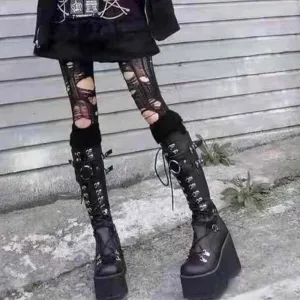 Punk Super High Platform Round Toe Lace-Up Biker Boots