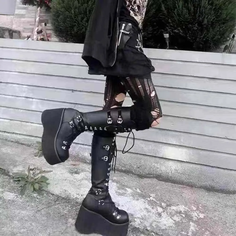 Punk Super High Platform Round Toe Lace-Up Biker Boots