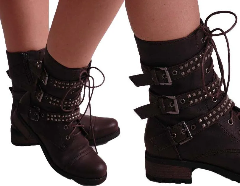 Rock Biker Military Buckle Studded Boots