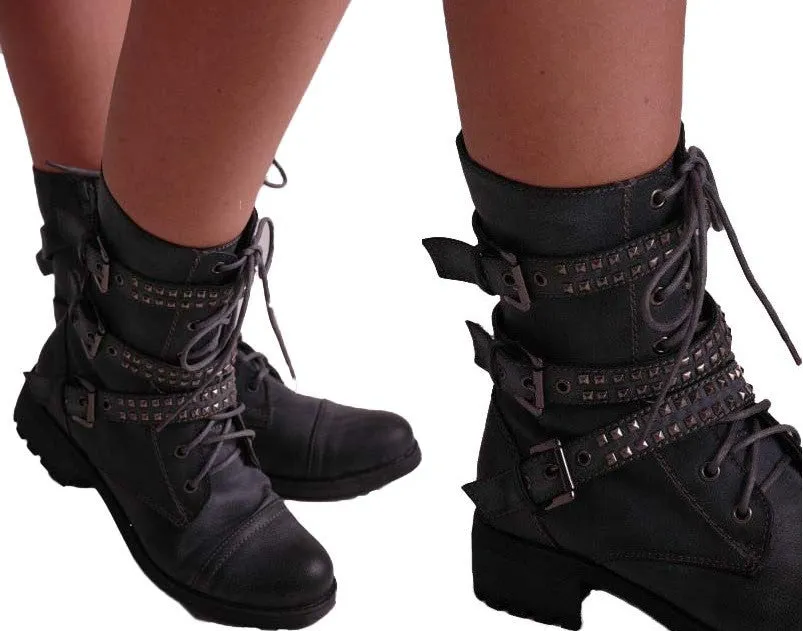 Rock Biker Military Buckle Studded Boots