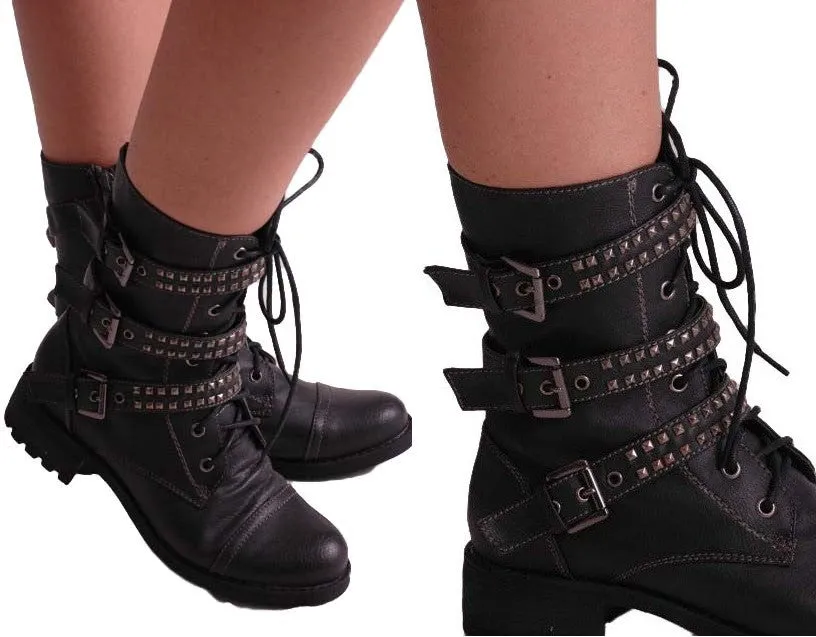 Rock Biker Military Buckle Studded Boots