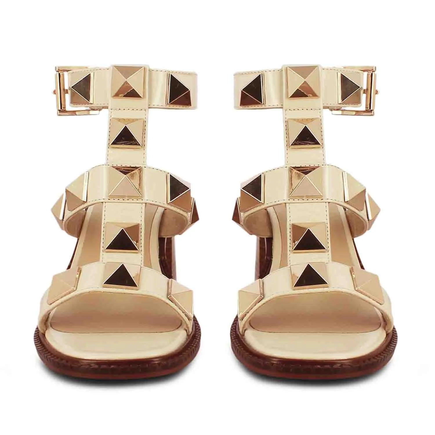 Saint Agnes Off White Leather Metal Studded Block Heels