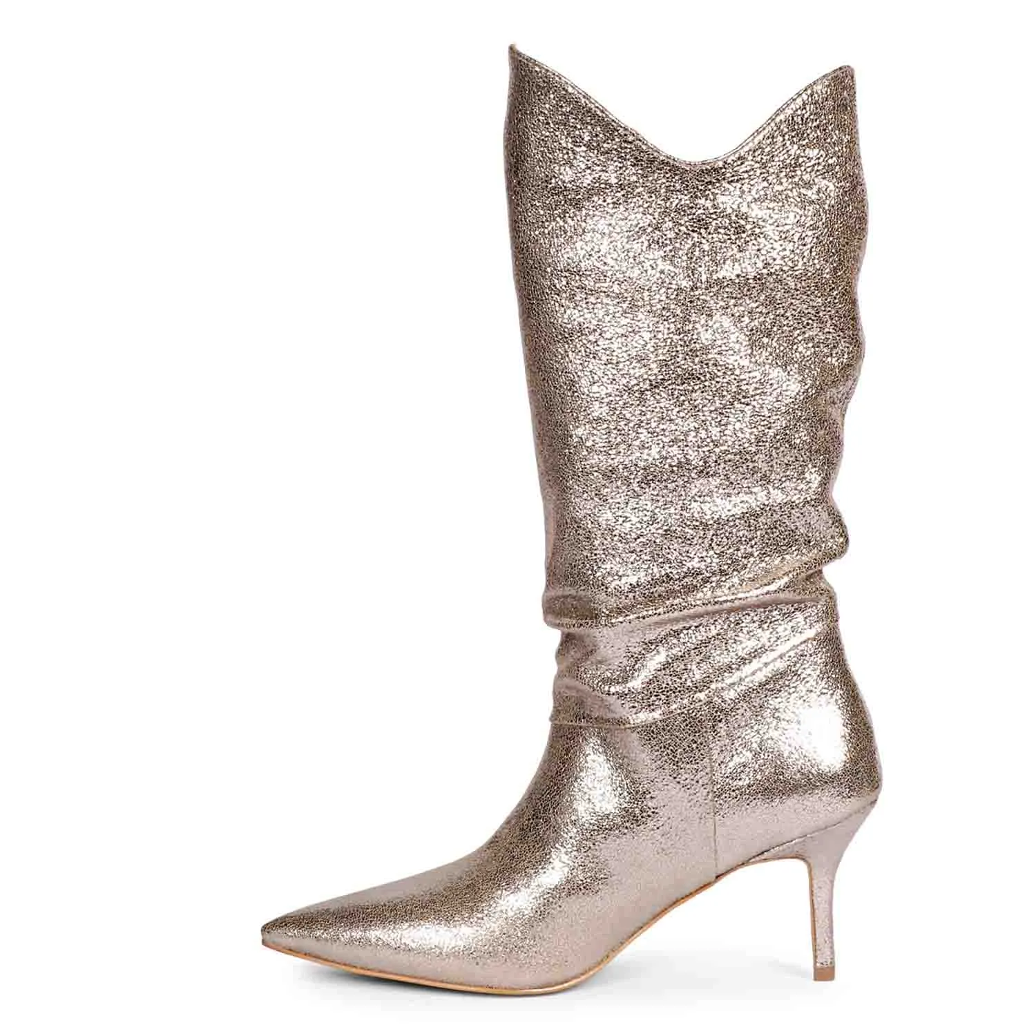 Saint Nayeli Silver Metallic Leather Calf Length Slouch Boots