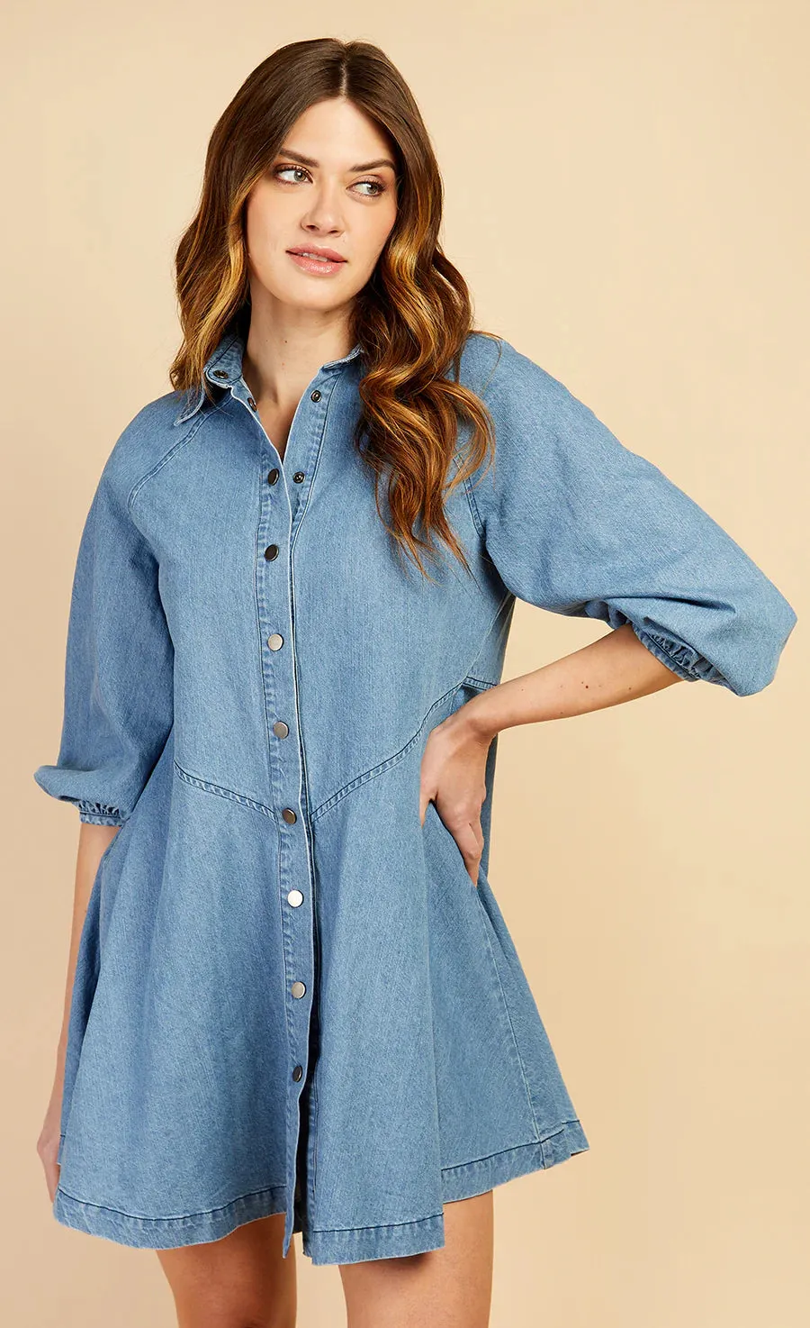 Sandy Denim Western Seam Mini Dress (Blue)