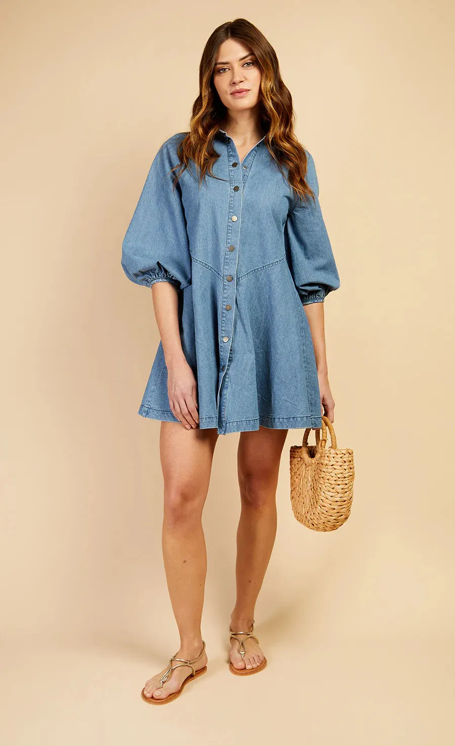 Sandy Denim Western Seam Mini Dress (Blue)