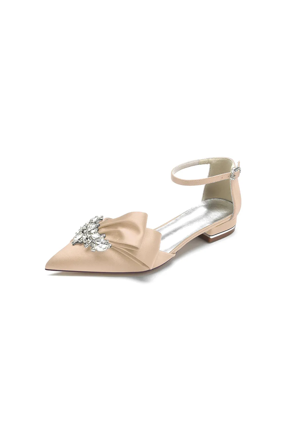 Satin Beaded Pointed Toe Ankle Strap Buckle Kitten Heels