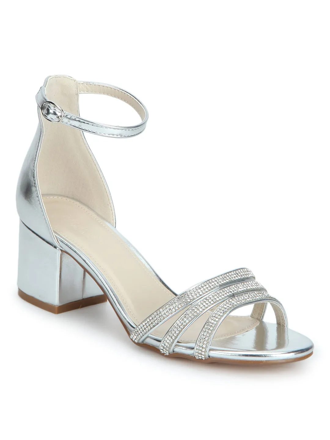 Silver Multiple Strap Diamante Low Block Heels