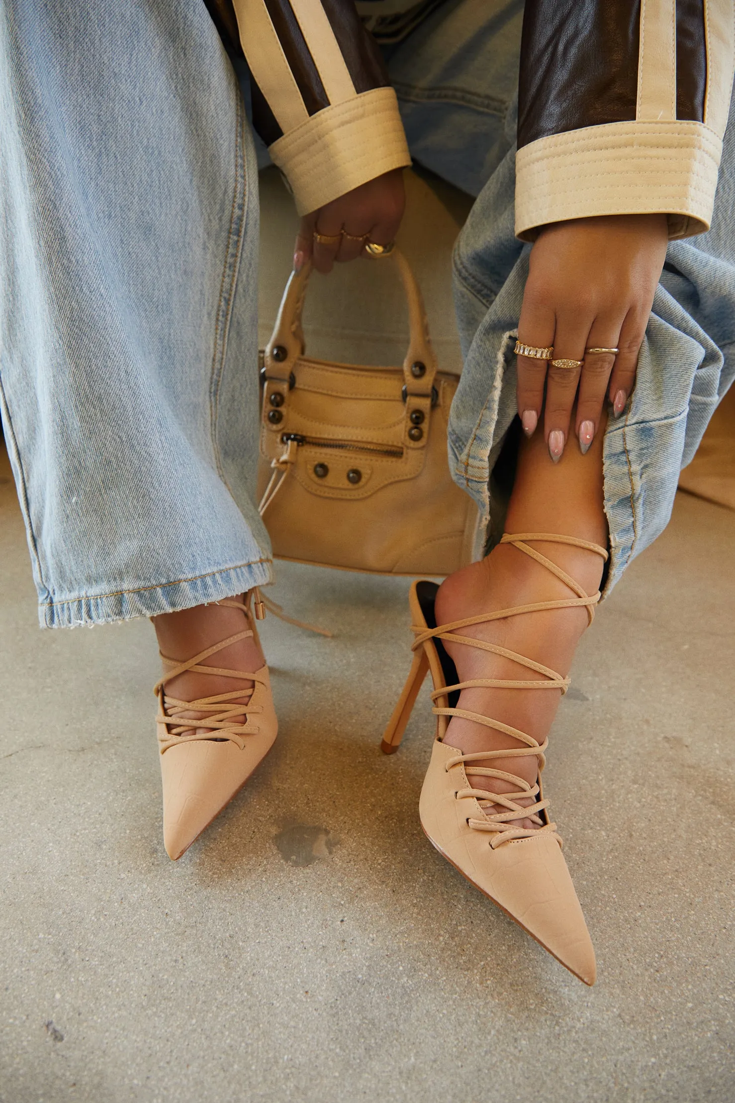 Simone Lace Up High Heel Pumps - Nude