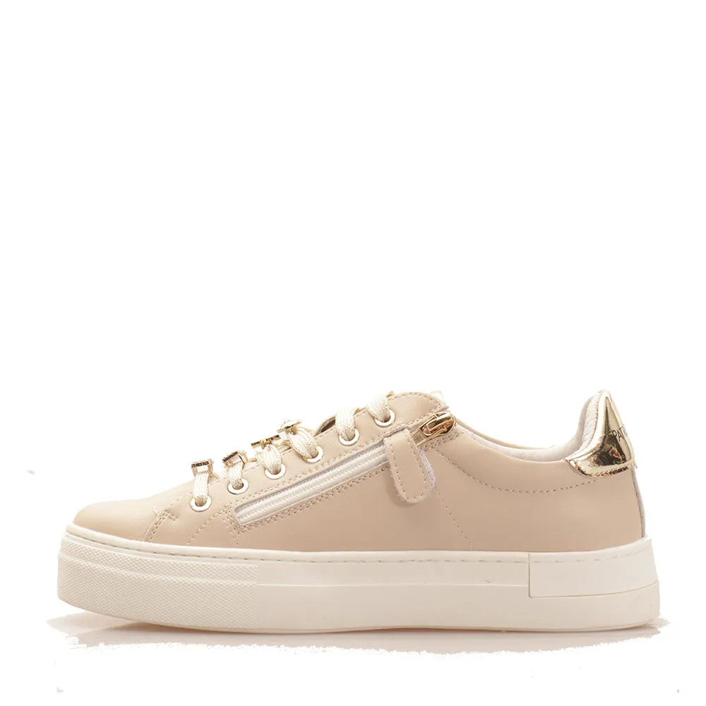 Sneakers Donna PATRIZIA PEPE linea Fly Sneakers in Pelle Beige con Applicazioni Gioiello