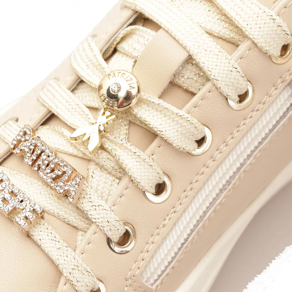 Sneakers Donna PATRIZIA PEPE linea Fly Sneakers in Pelle Beige con Applicazioni Gioiello