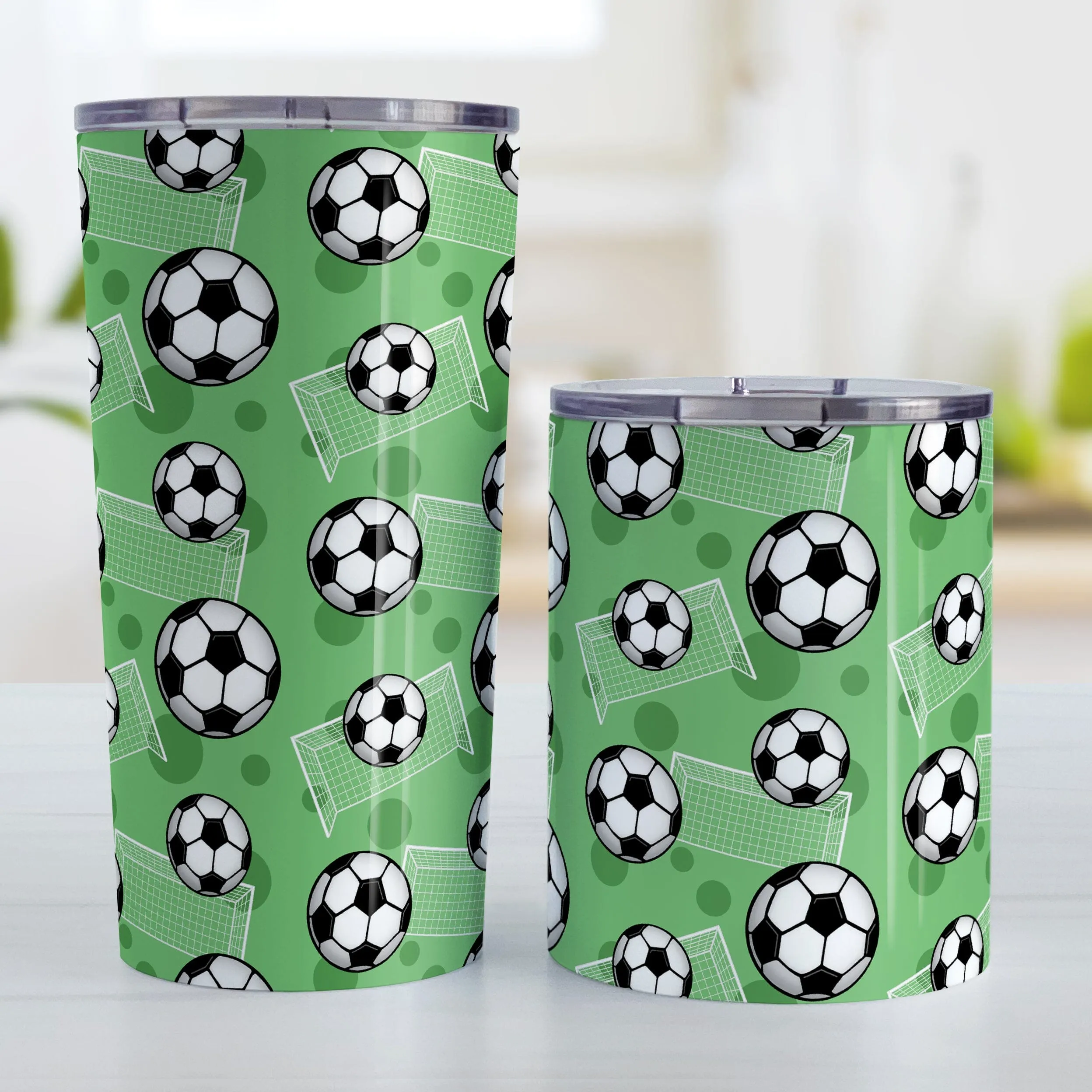 Soccer Ball and Goal Pattern Green Tumbler Cup