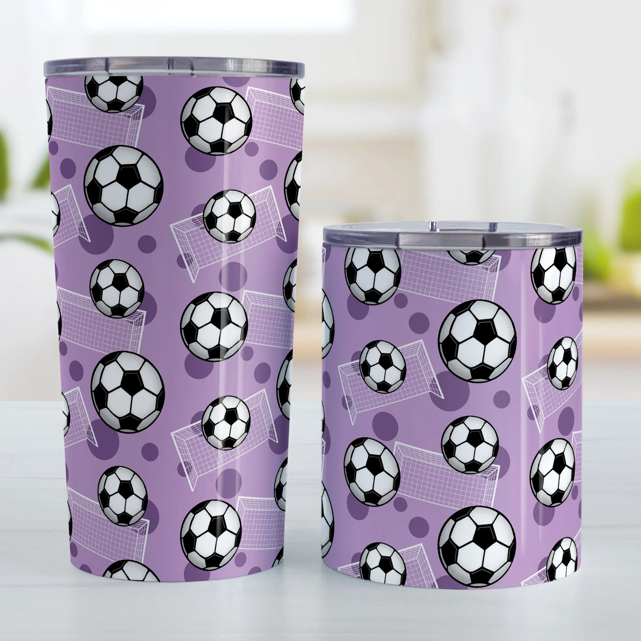 Soccer Ball and Goal Pattern Purple Tumbler Cup