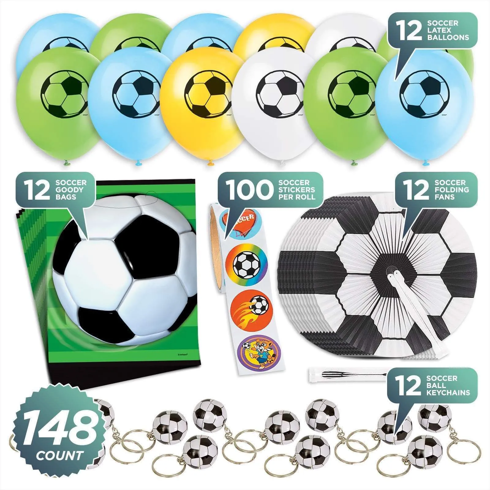 Soccer Party Favors - Soccer Ball Goody Bags, Keychains, Paper Fans, Stickers, and Balloons for 12 Guests