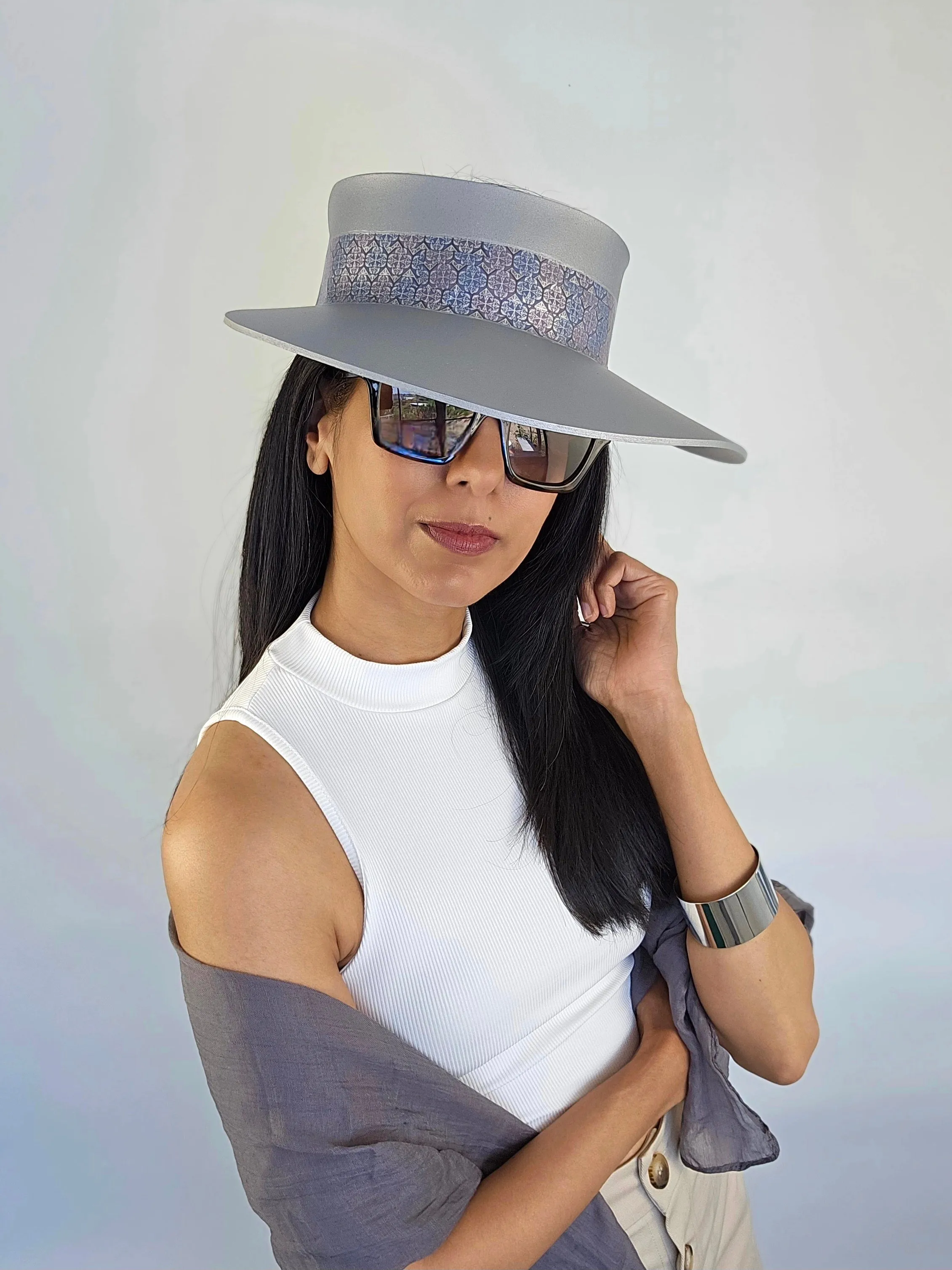 Tall Silver "LadyEVA" Visor Hat with Blue, Lavender, and Silver Geometric Band