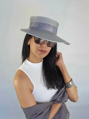 Tall Silver "LadyEVA" Visor Hat with Blue, Lavender, and Silver Geometric Band