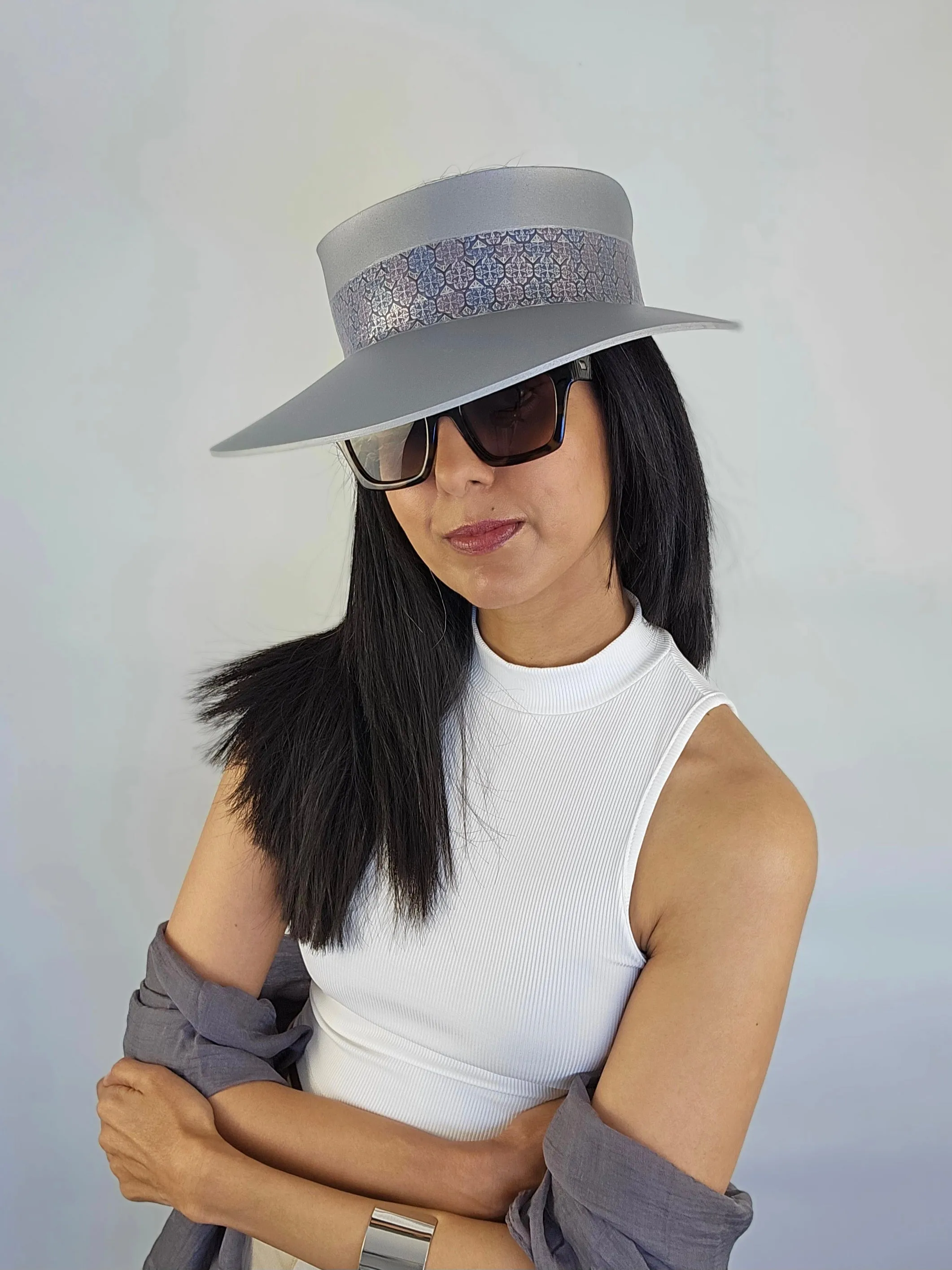 Tall Silver "LadyEVA" Visor Hat with Blue, Lavender, and Silver Geometric Band