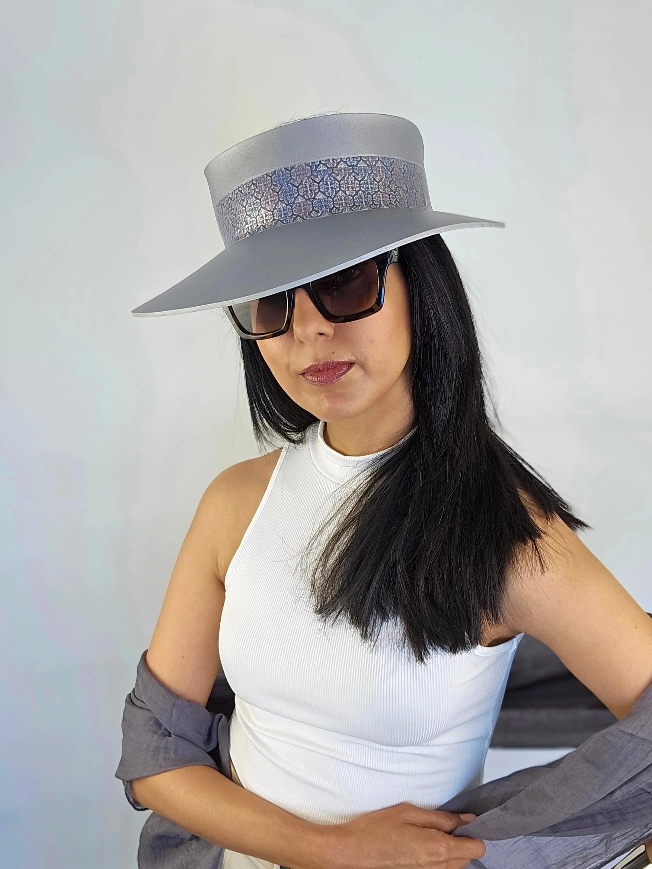 Tall Silver "LadyEVA" Visor Hat with Blue, Lavender, and Silver Geometric Band