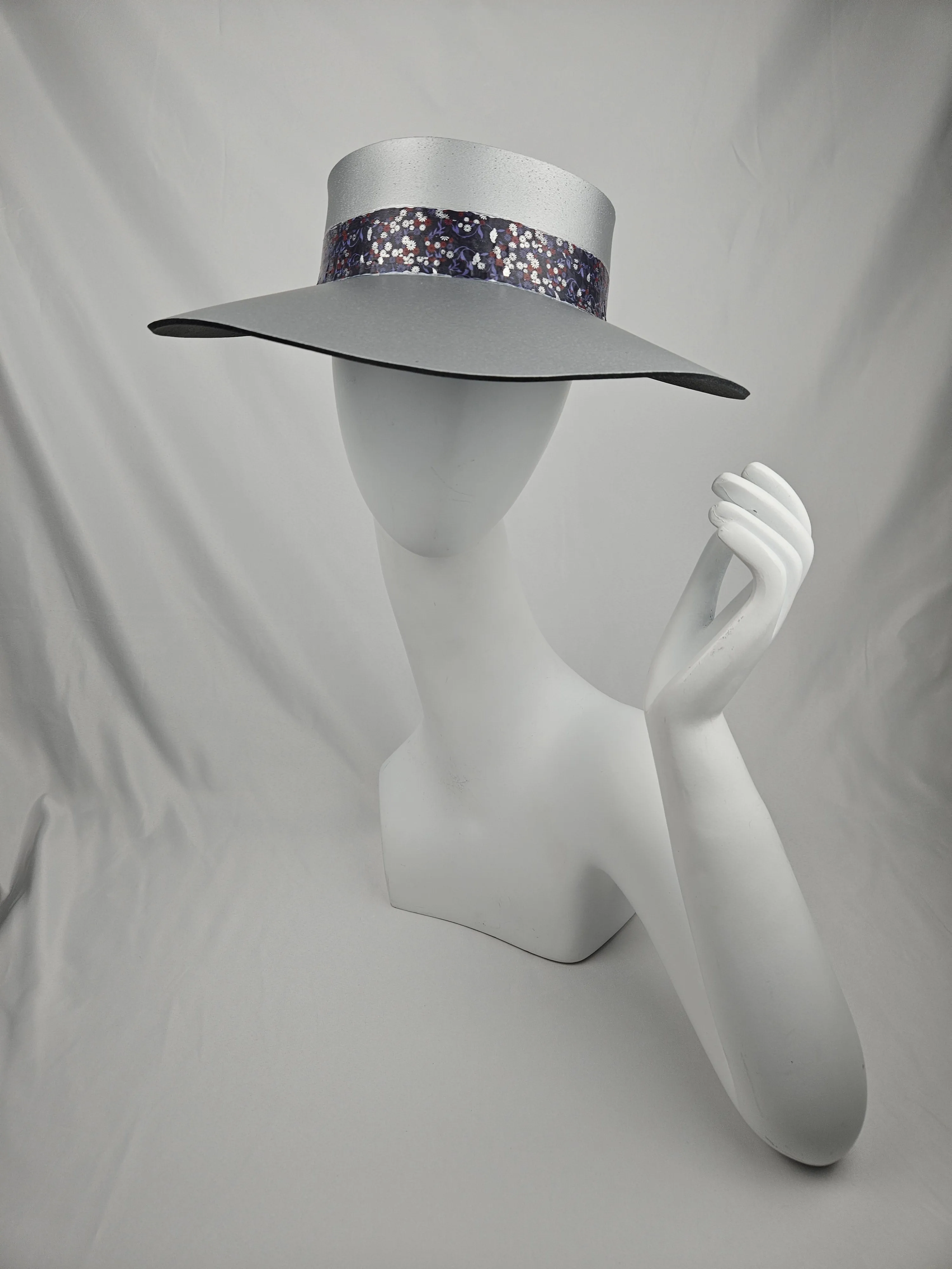 Tall Silver "LadyEVA" Visor Hat with Dark Purple Floral Band