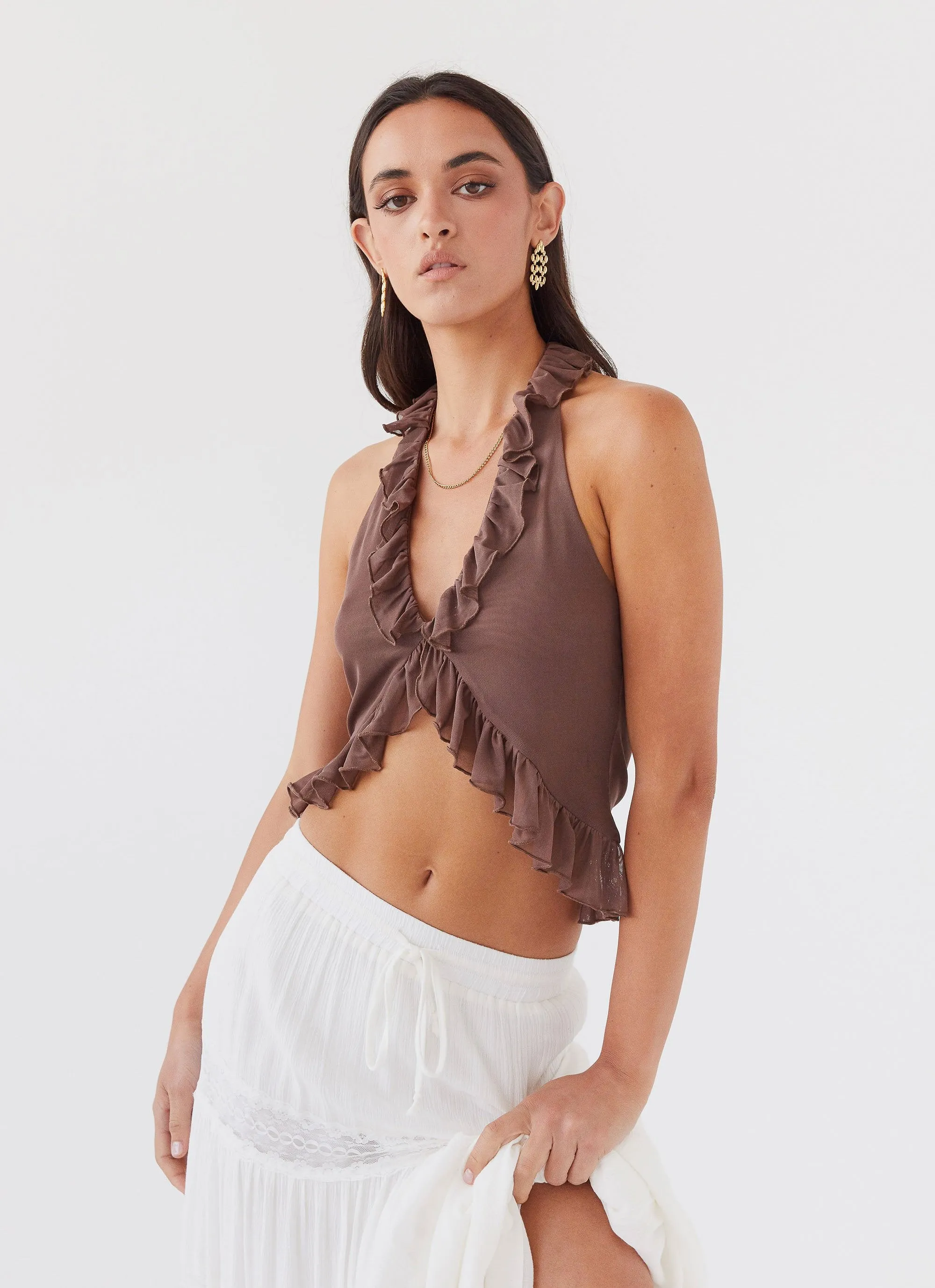 Tanya Mesh Frill Top - Chocolate