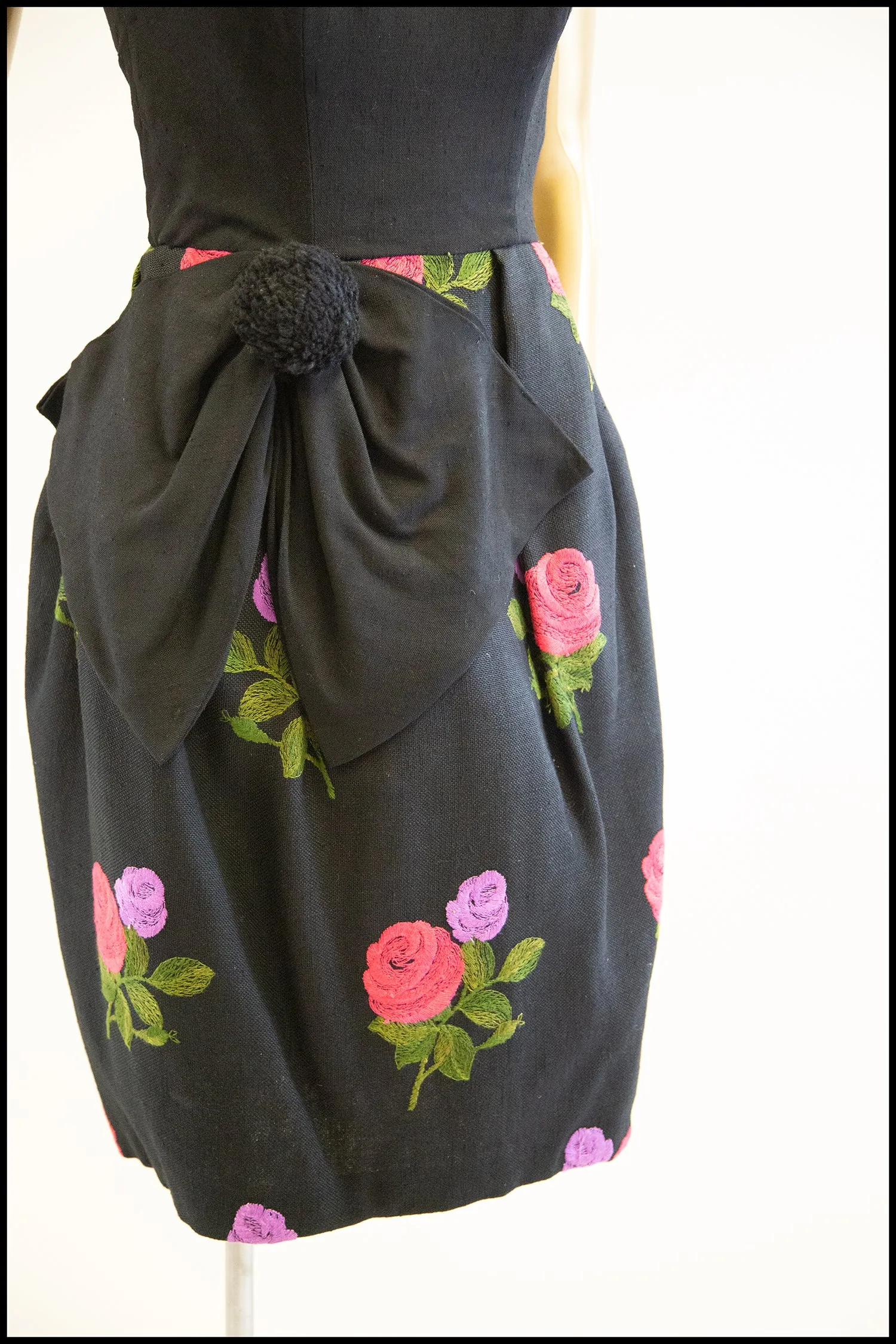 Vintage 1960s Black Embroidered Linen Glamourette Dress