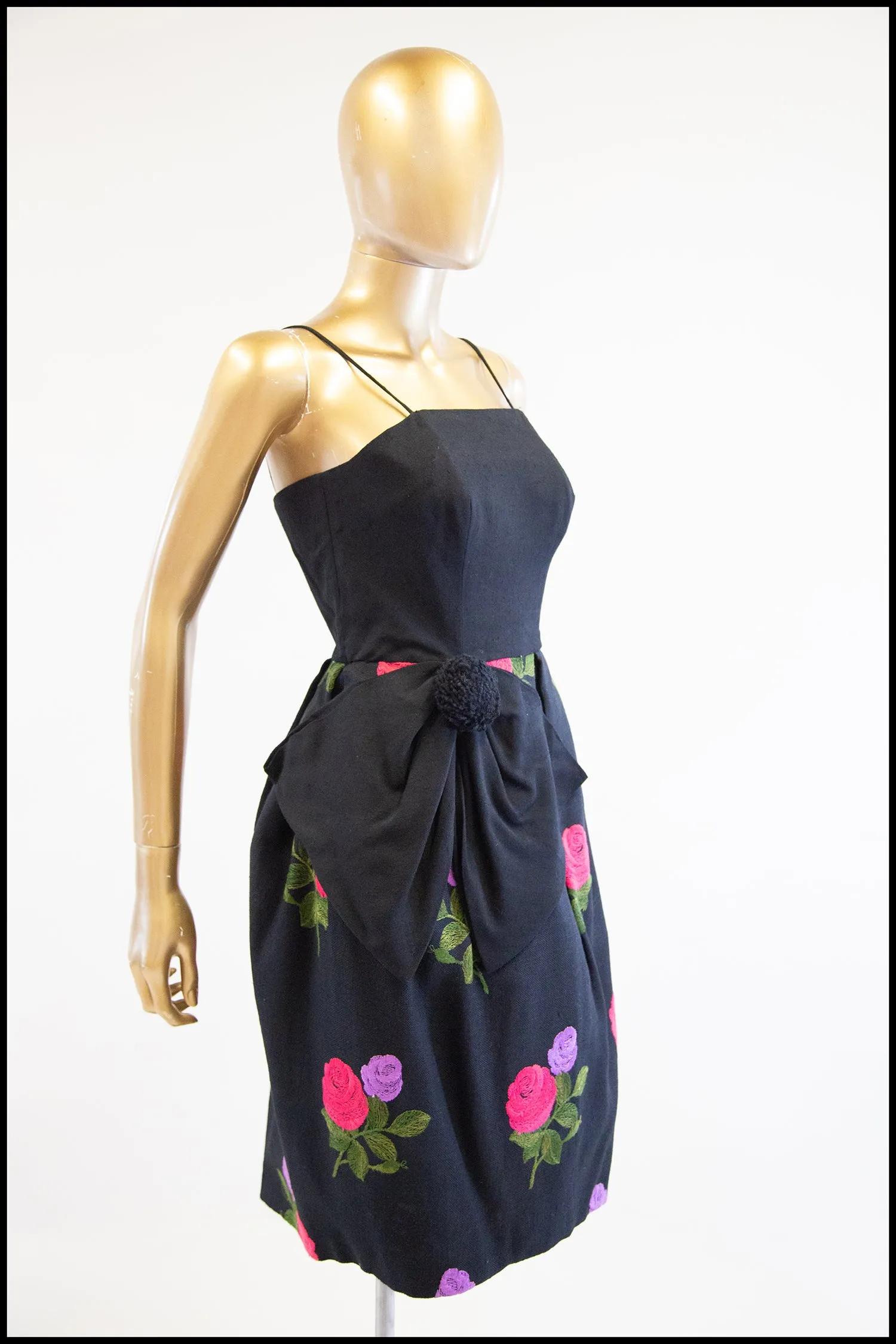 Vintage 1960s Black Embroidered Linen Glamourette Dress