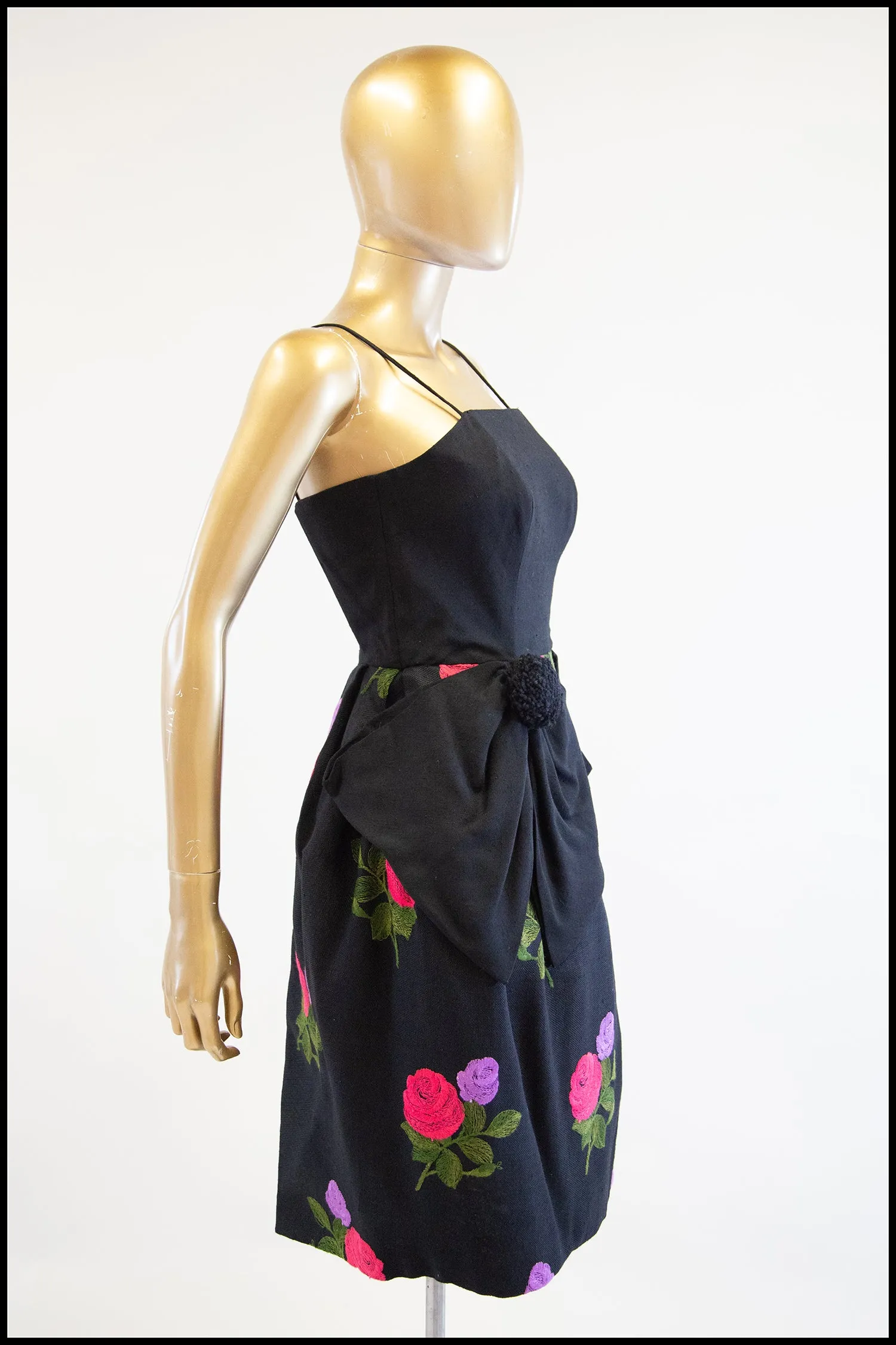 Vintage 1960s Black Embroidered Linen Glamourette Dress