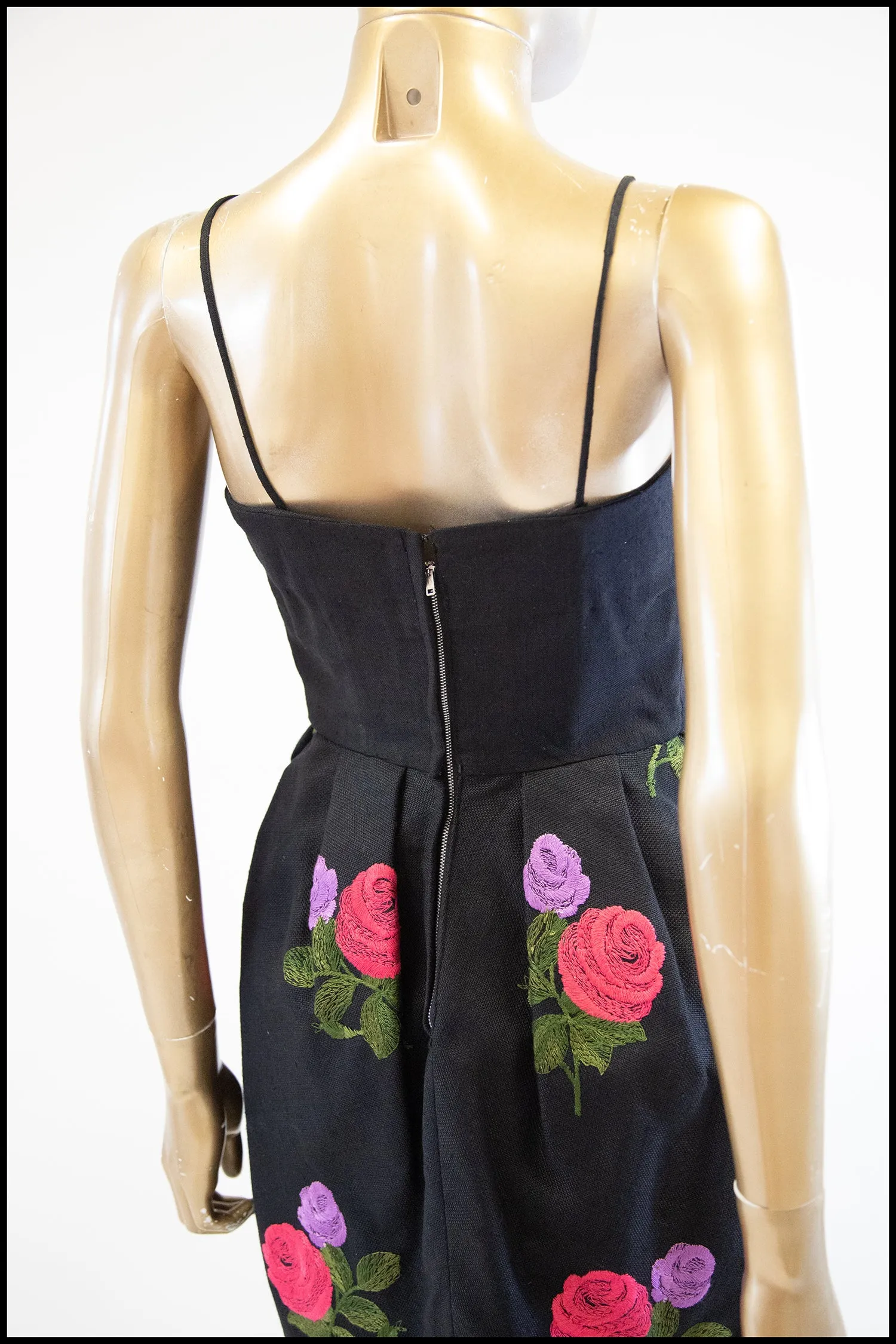 Vintage 1960s Black Embroidered Linen Glamourette Dress