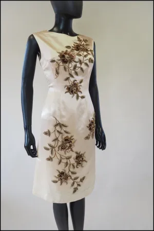 Vintage 1960s Champagne Rose Beaded Cocktail Dress