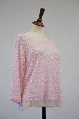 Vintage 1960s Pink Beaded Top w Sleeves