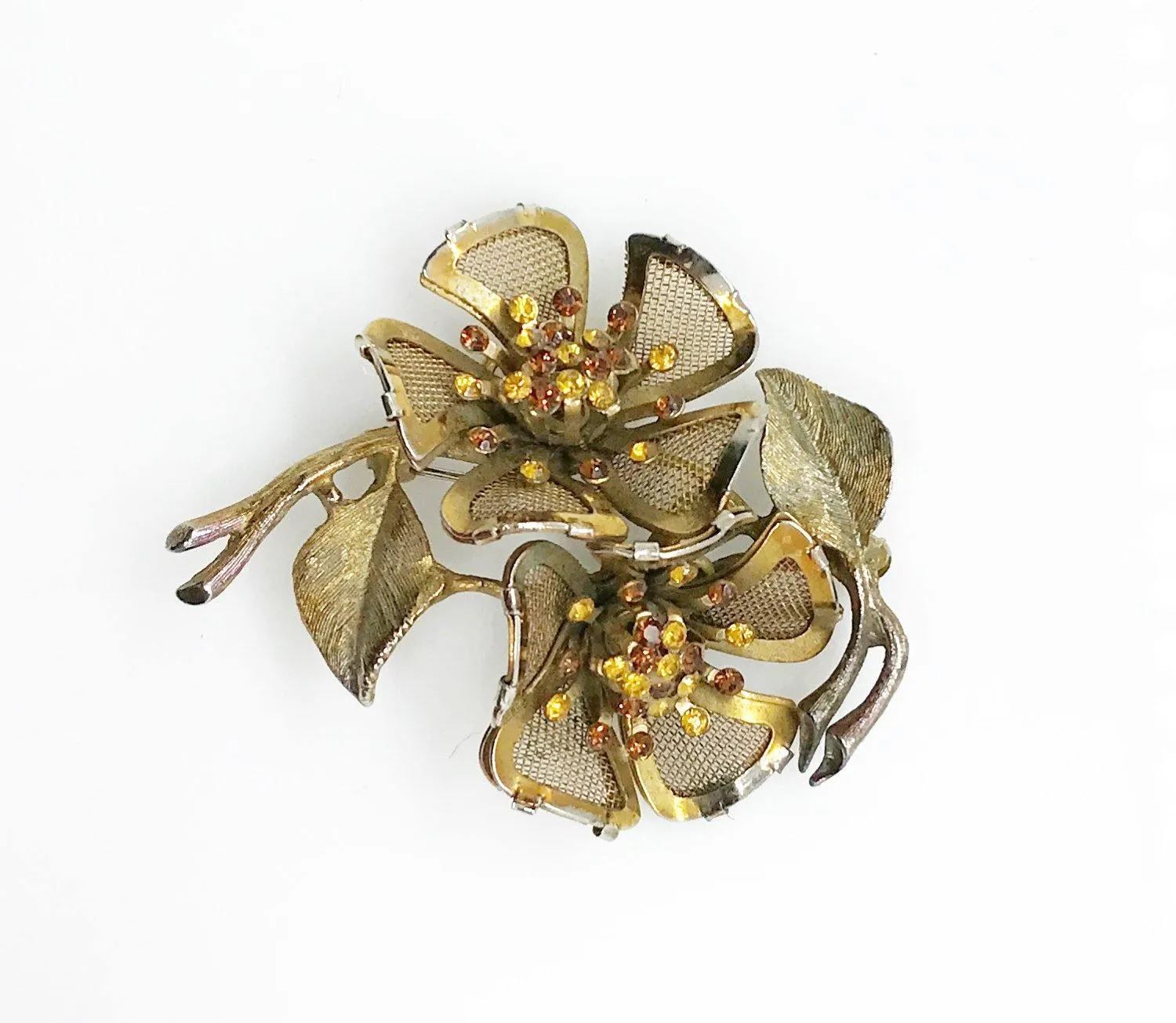 Vintage Mesh Floral Brooch with Glittering Golden Stones