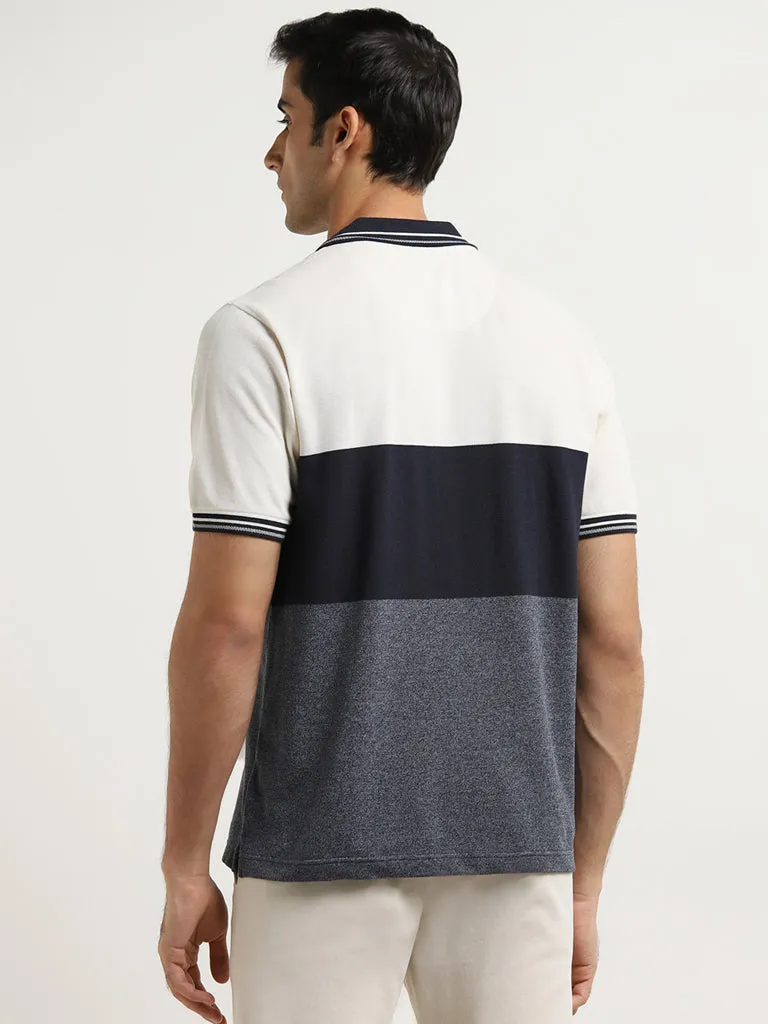 WES Casuals Navy Colour-Blocked Relaxed-Fit Polo T-Shirt