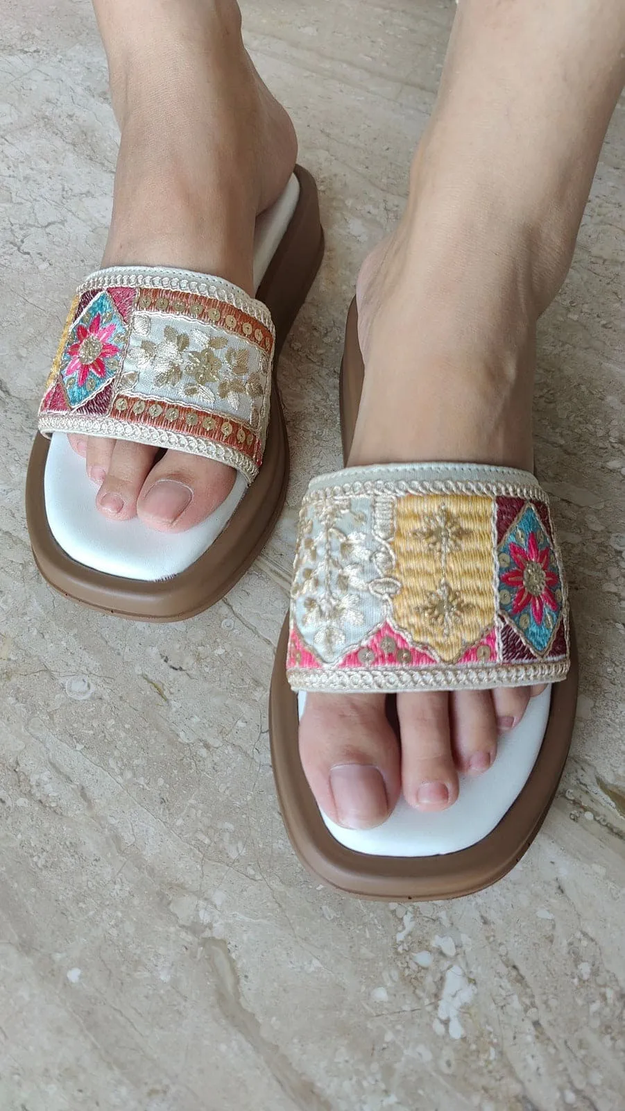 White Patchwork Embroidered Slider