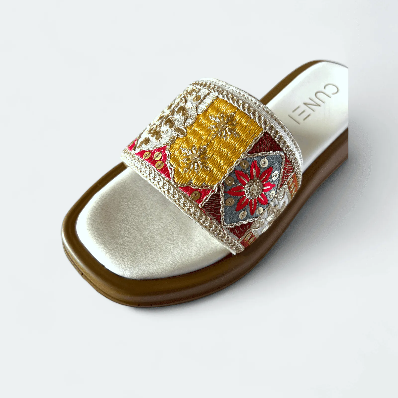 White Patchwork Embroidered Slider