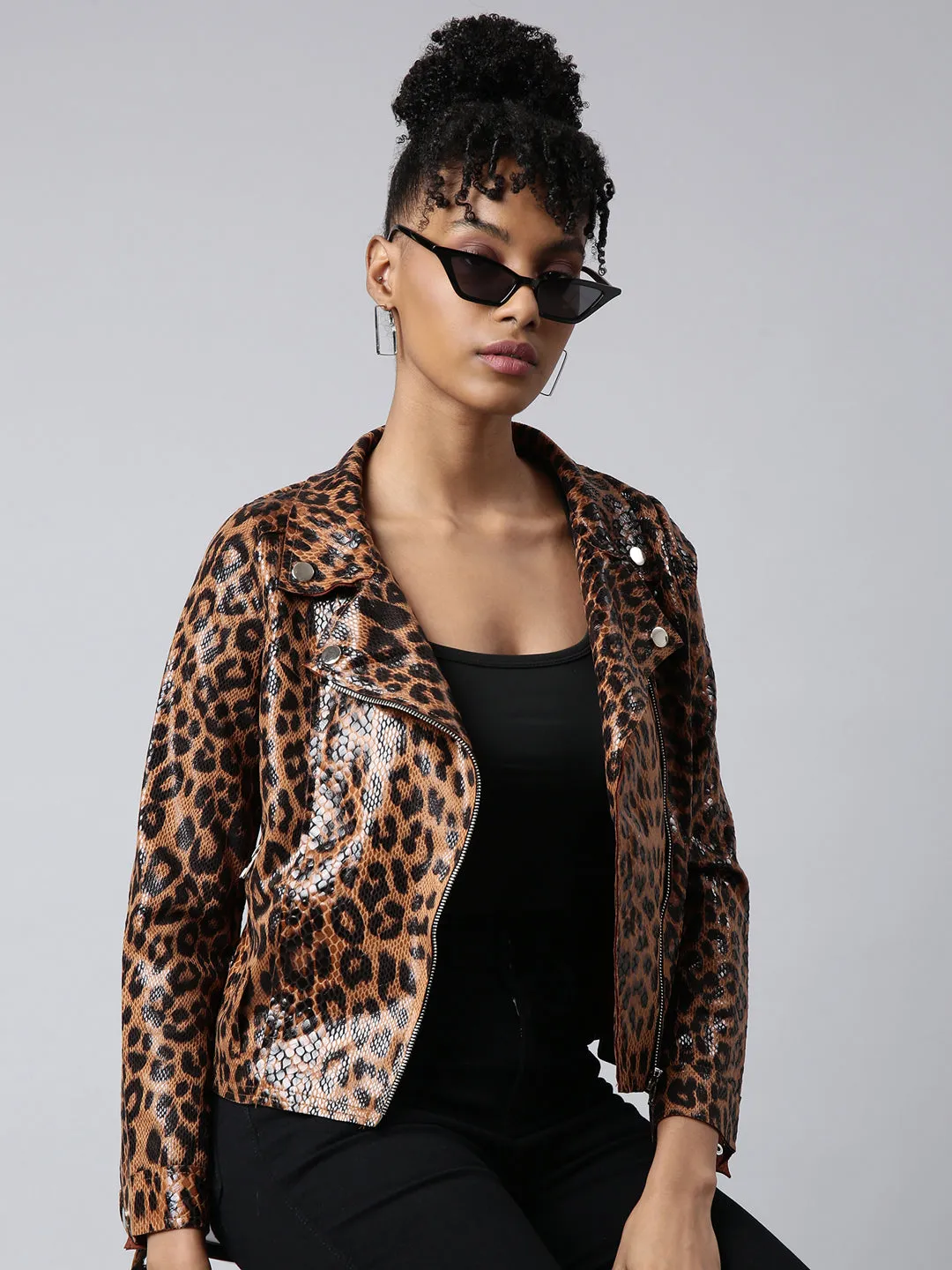 Women Animal Brown Biker Jacket