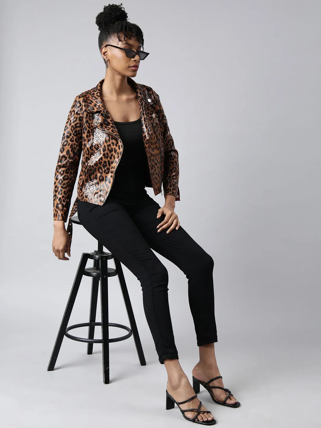 Women Animal Brown Biker Jacket