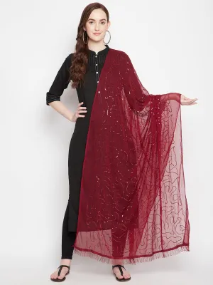 Women Maroon Embellished Chiffon Dupatta