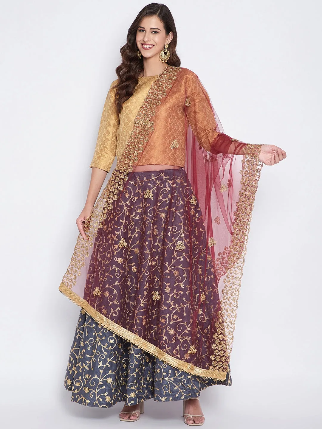 Women Maroon Embellished Silk Dupatta