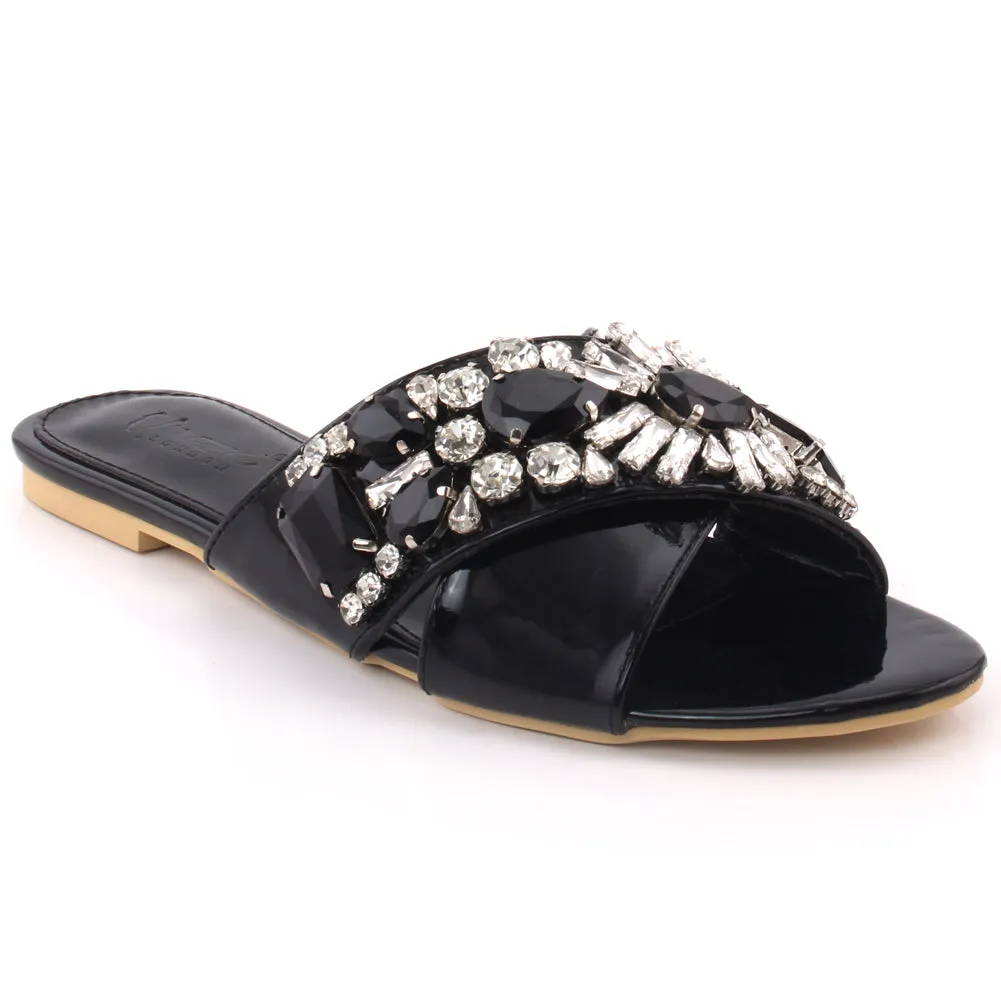 Women "ANTHEA" Open Toe Stone Embellished Cross Over Slip On Flat Evening Slippers