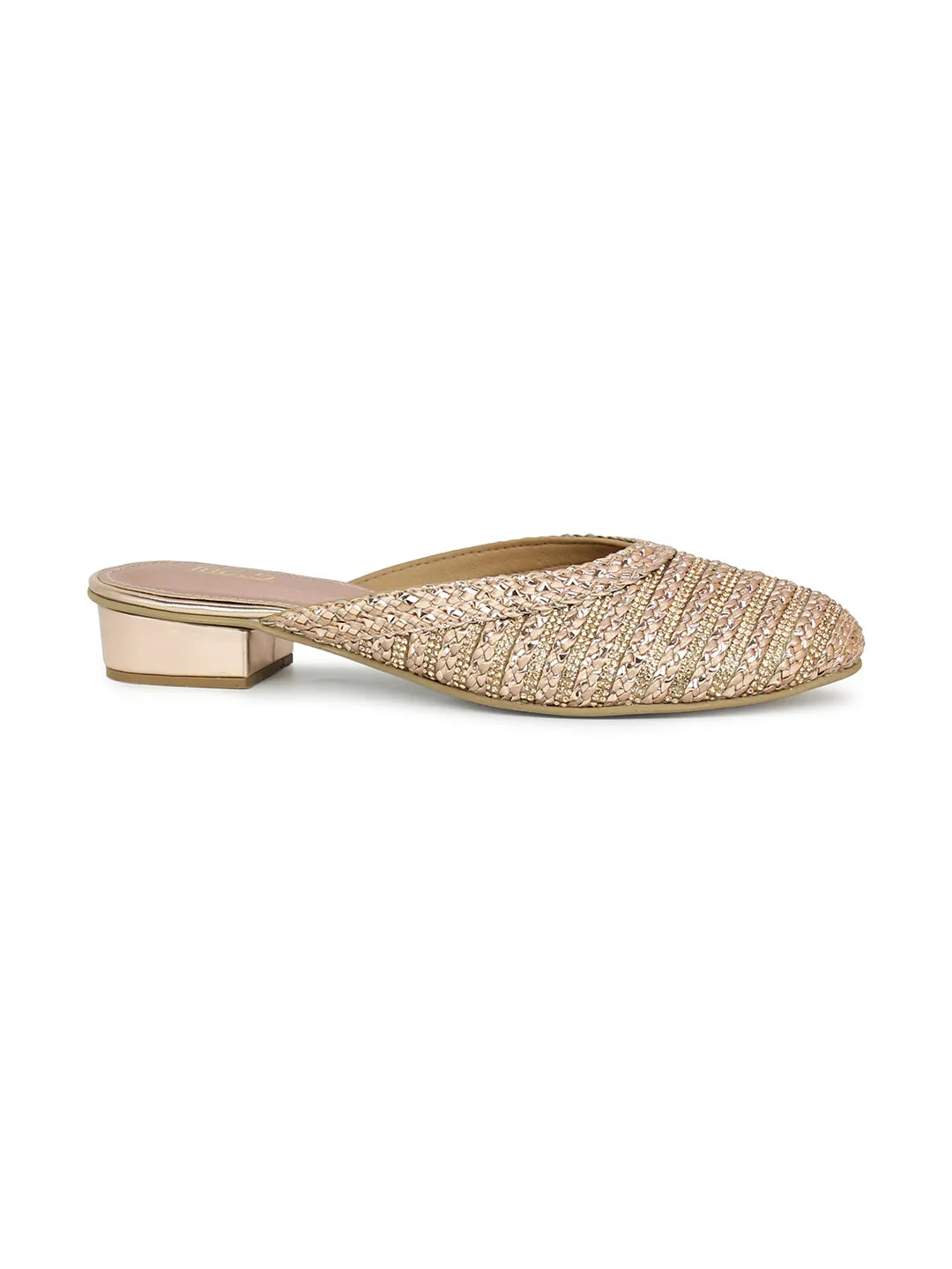 Women Rose Gold Embellished Ethnic Mules Flats